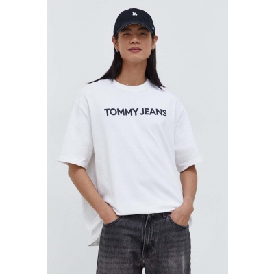Tommy Jeans tricou din bumbac barbati, culoarea alb, cu imprimeu
