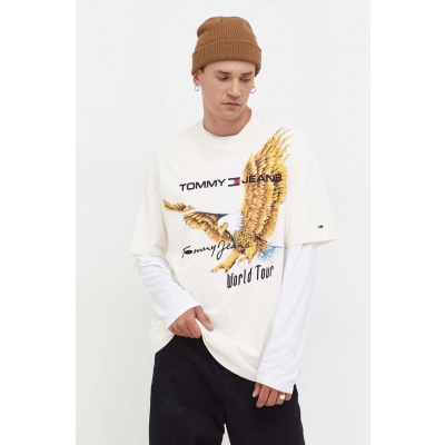 Tommy Jeans tricou din bumbac barbati, culoarea bej, cu imprimeu
