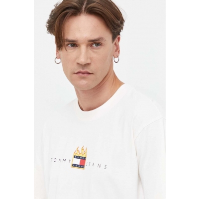 Tommy Jeans tricou din bumbac barbati, culoarea bej, cu imprimeu