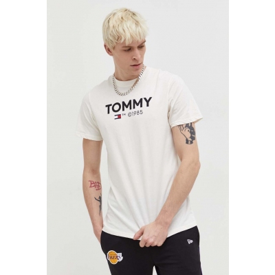 Tommy Jeans tricou din bumbac barbati, culoarea bej, cu imprimeu