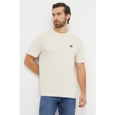 Tommy Jeans tricou din bumbac barbati, culoarea bej, cu imprimeu