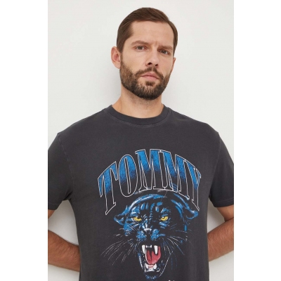 Tommy Jeans tricou din bumbac barbati, culoarea gri, cu imprimeu