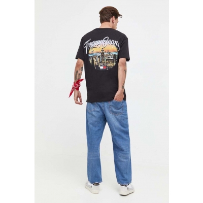 Tommy Jeans tricou din bumbac barbati, culoarea negru, cu imprimeu