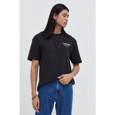 Tommy Jeans tricou din bumbac barbati, culoarea negru, cu imprimeu