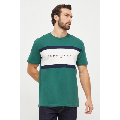 Tommy Jeans tricou din bumbac barbati, culoarea verde, modelator