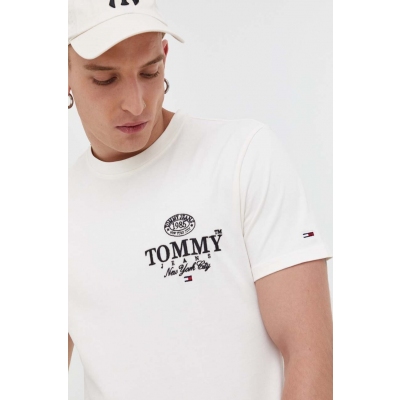 Tommy Jeans tricou din bumbac culoarea bej, cu imprimeu