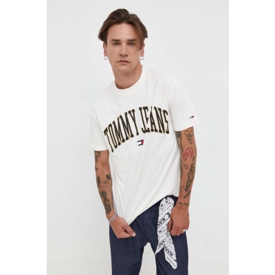 Tommy Jeans tricou din bumbac culoarea bej, cu imprimeu