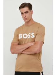 BOSS tricou din bumbac culoarea bej, cu imprimeu