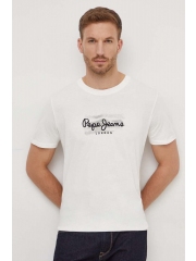 Pepe Jeans tricou din bumbac Castle barbati, culoarea bej, cu imprimeu