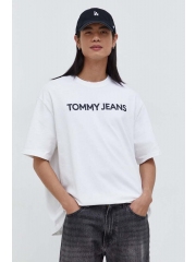 Tommy Jeans tricou din bumbac barbati, culoarea alb, cu imprimeu