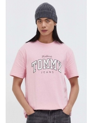Tommy Jeans tricou din bumbac barbati, culoarea roz, cu imprimeu