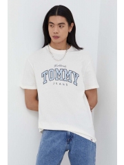 Tommy Jeans tricou din bumbac barbati, culoarea verde, cu imprimeu