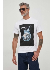 United Colors of Benetton tricou din bumbac barbati, culoarea alb, cu imprimeu