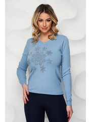 Bluza dama SunShine albastra tricotata cu aplicatii cu pietre strass